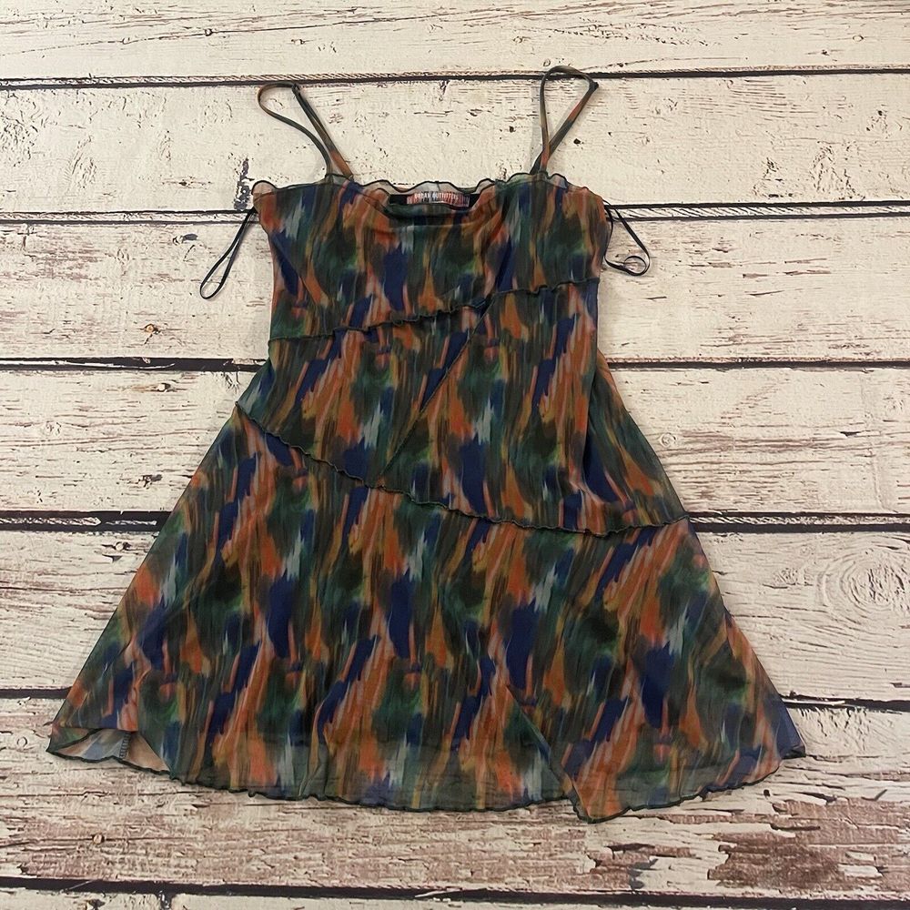 Urban Outfitters Size Small Hunter Green, Navy & Orange Printed Mesh Mini Dress